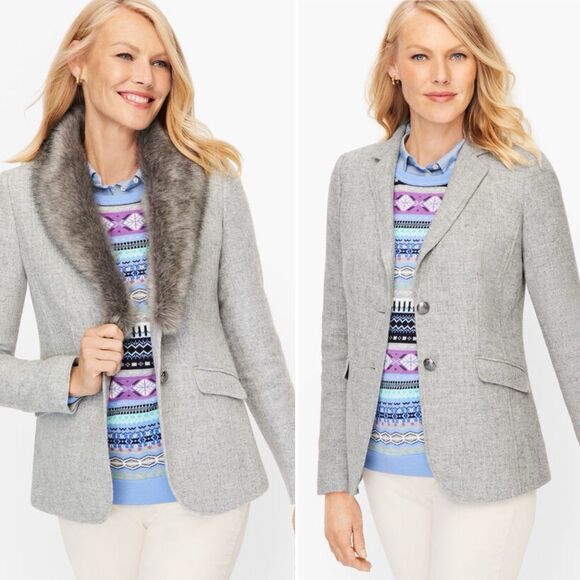Talbots Womens 16 Classic Shetland Blazer Jacket Faux Fur Trimmed Wool Blend - Picture 1 of 14